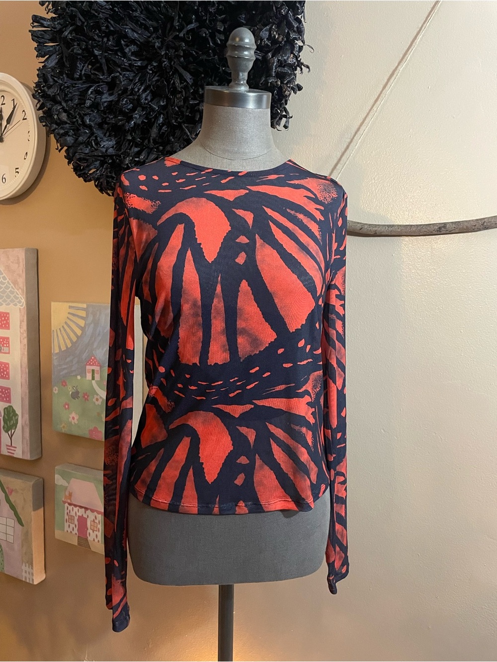 Walter Baker Red and Black Abstract Long Sleeve Top